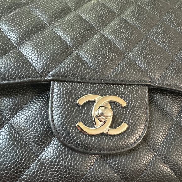 Chanel Caviar Jumbo Double Flap Bag Classic Quilted Leather Black CC Silver - Picture 9 of 16